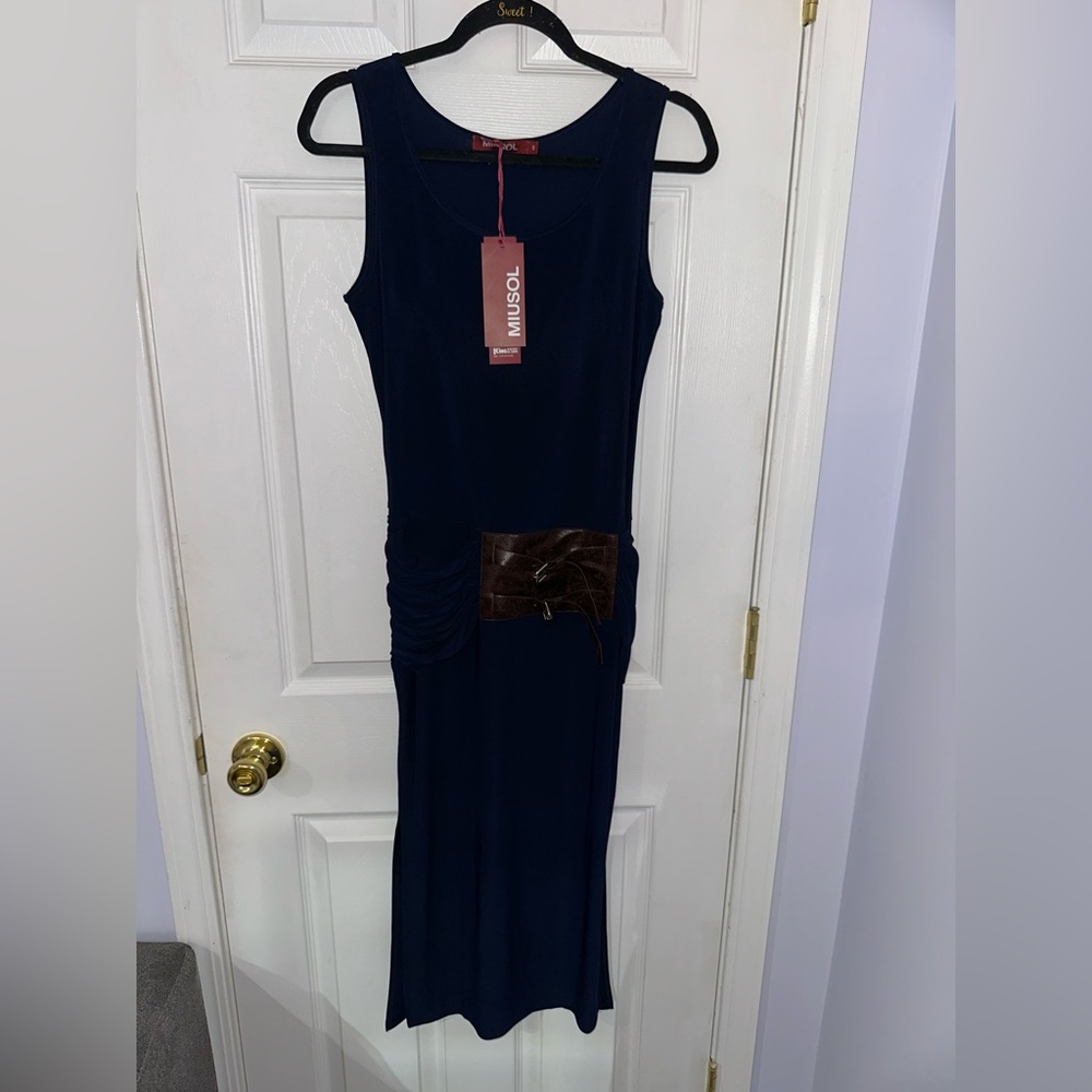 NWT Miusol Navy Midi Dress with Brown Accent (S)
